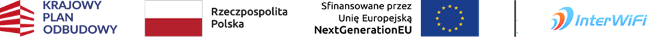 Logotypy: Krajowy Plan Odbudowy, barwy Rzeczypospolitej Polskiej, NextGenerationEU, InterWiFi